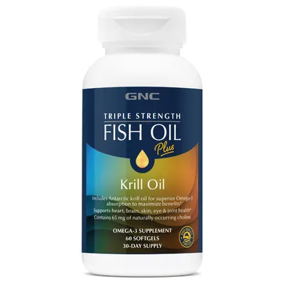 Ulei de peste plus ulei de Krill Triple Strength, 60 capsule moi, GNC
