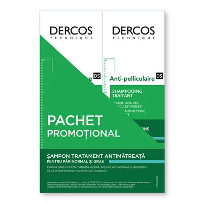 Pachet Sampon anti-matreata pentru par normal-gras Dercos, 200ml + 200ml, Vichy