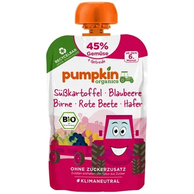 Piure bio din cartofi dulci, afine, pere, sfecla rosie si ovaz 6l+, 100g, Pumpkin Organics