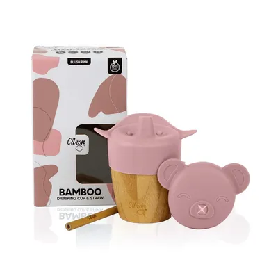Cana din bambus cu pai si capac - Blush Pink, 180ml, Citron