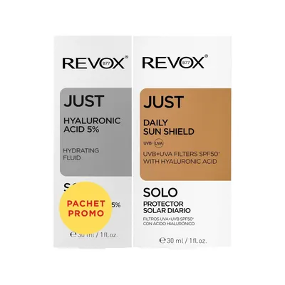 Pachet Fluid hidratant pentru ten cu acid hialuronic Just Hyaluronic Acid 5% 30ml + Crema de fata cu acid hialuronic SPF 50+ Just Daily Sun Shield 30ml, Revox