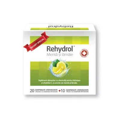 Saruri de rehidratare cu menta si lamaie Rehydrol, 20 + 10 comprimate efervescente, MBA Pharma Innovation