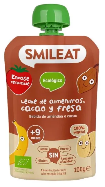 Piure din lapte de migdale cu cacao si capsuni +9 luni Bio, 100g, Smileat