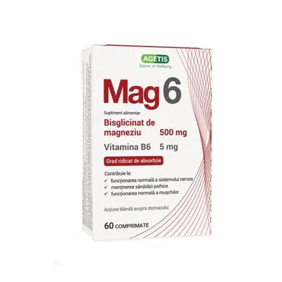 MAG6 BISGLICINAT DE MAGNEZIU+VITAMINA B6 500MG/5MG 60 COMPRIMATE