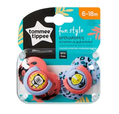 Suzete Ortodontice de zi Fun Tigru Roz si Tigru Lila 6-18 luni, 2 bucati, Tommee Tippee