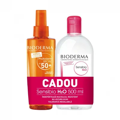 Pachet Ulei uscat Photoderm Bronz SPF 50+ 200ml + solutie micelara Sensibio H2O cadou 500ml, Bioderma