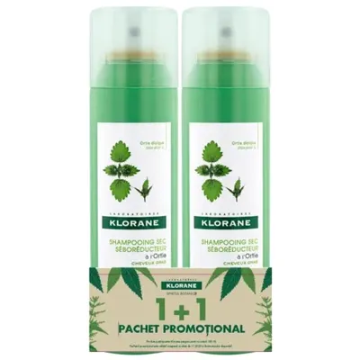 Pachet Șampon Uscat cu Extract de Urzică, 150 ml + 150 ml, Klorane