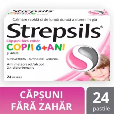 Strepsils cu aroma de capsuni fara zahar copii 6+ ani si adulti, 24 pastile, Reckitt Benckiser