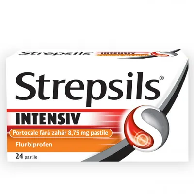 Strepsils Intensiv fara zahar portocale, 8,75 mg, 24 pastile, Reckitt