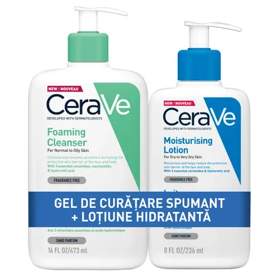 Pachet Gel de curatare spumant pentru piele normala sau grasa 473ml + Lotiune hidratanta 236ml, CeraVe