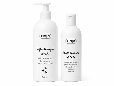Pachet Avantajos Loțiune de Corp Hidratantă cu Lapte de Capră 400 ml + Șampon Reparator pentru Întărirea Firului de Păr Goat's Milk 400 ml, Ziaja