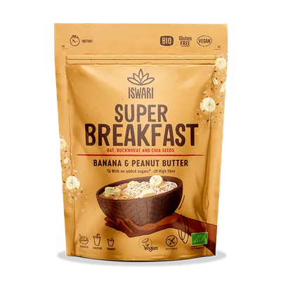 Mic dejun instant bio fara zahar cu ovaz, banane si unt de arahide, 360g, Iswari