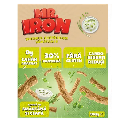 Snack cu 30% proteina fara zahar low-carb gluten free Smantana si Ceapa Tojos, 100g, Mr. Iron