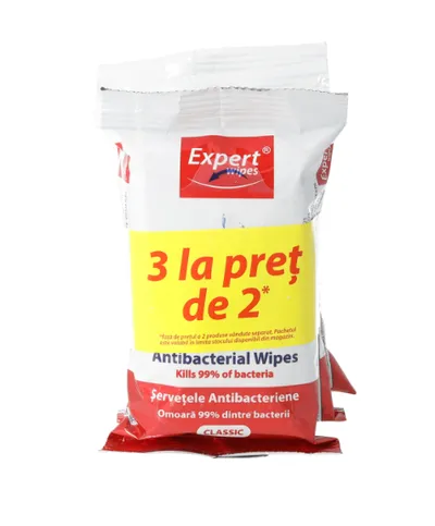 Pachet 3 la pret de 2 Servetele umede Antibacteriene Clasic, 15 bucati, Expert Wipes