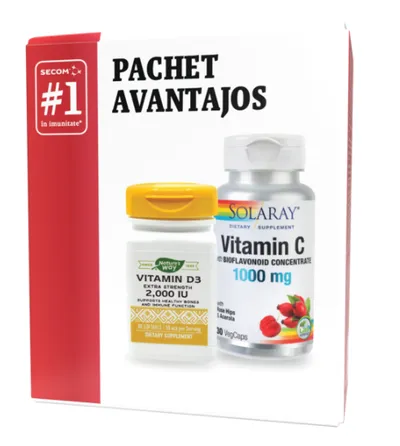 Pachet Vitamina C 1000mg + Vitamina D3 2000UI, 2 x 30 capsule, Secom