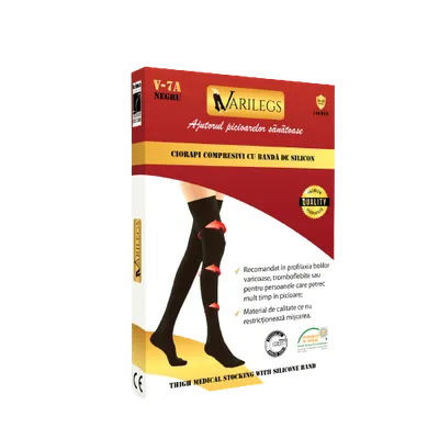Ciorapi compresivi cu banda de silicon pana la coapsa 140 deni 18-22 MmHg V-7A S negru, 1 bucata, Varilegs