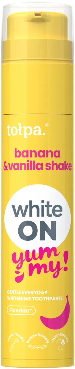 Pasta de dinti cu aroma de banana si shake de vanilie White ON Yummy, 60g, Tolpa