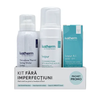 Kit Fara imperfectiuni, Apa termala, 100 ml, Ivapur spuma, 160 ml, Crema Ivapur AI, 30 ml,, Ivatherm