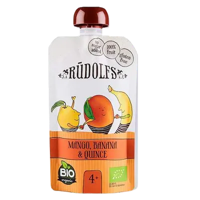 Piure din mango + banane si gutui 4+ Bio, 110g, Rudolfs