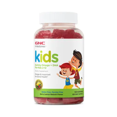 Omega+DHA pentru copii Milestones® Kids Gummy cu aroma naturala de fructe de padure si lamaie, 120 jeleuri, GNC