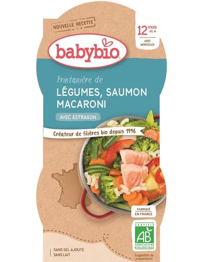 Meniu piure de legume cu somon si paste Bio, 2 x 200g, BabyBio
