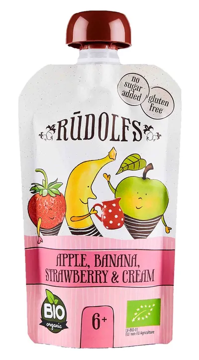 Piure mere + banane + capsuni si smantana 6+ Bio, 110g, Rudolfs