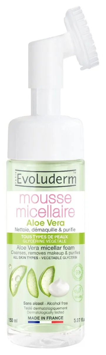 Spuma micelara de curatare cu perie din silicon Aloe Vera, 150ml, Evoluderm