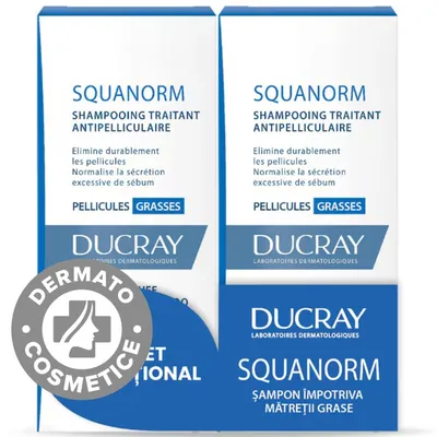 Pachet Sampon tratament anti-matreata grasa Squanorm 1 + 50% reducere la al doilea produs, 2 x 200ml, Ducray