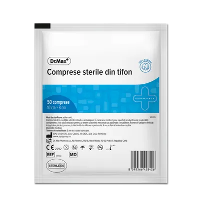 Dr. Max Comprese sterile din tifon 10 cm × 8 cm, 50 bucati