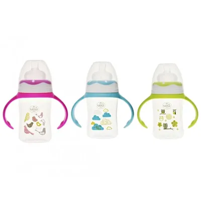 Biberon cu gat larg si manere, tetina silicon, 0+, 150 ml, Minut Baby