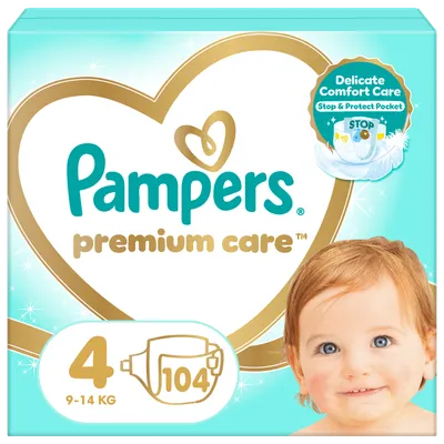Scutece Premium Care Nr.4 pentru 9-14 kg, 104 bucati, Pampers