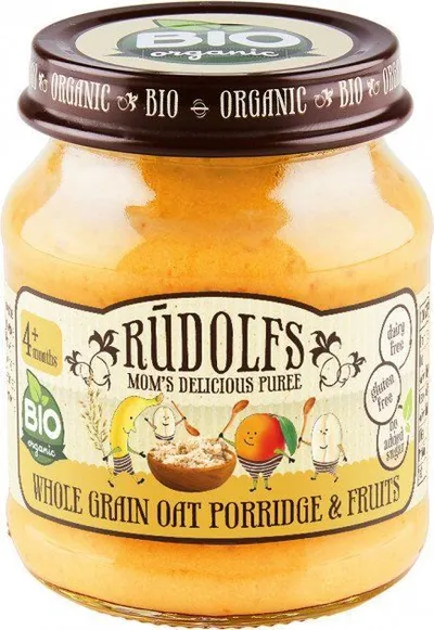 Piure din fructe si cereale integrale din ovaz 4+ Bio, 120g, Rudolfs