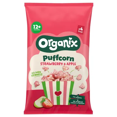 Organix Puffcorn Snack Bio cu Căpșuni și Mere, de la 12 luni, 4 x 10 g
