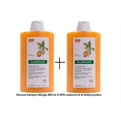 Pachet Sampon cu extract de mango 1+50% reducere la al doilea produs, 400ml+400ml, Klorane