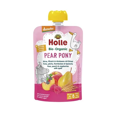 Piure de pere, piersici si zmeura cu grau spelta Pear Pony, 100g, Holle Baby Food