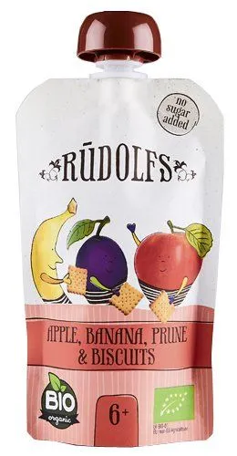 Piure din fructe si biscuiti 6+ Bio, 110g, Rudolfs