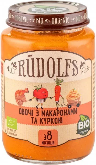 Piure de legume + paste si carne de pui 8+ Bio, 190g, Rudolfs