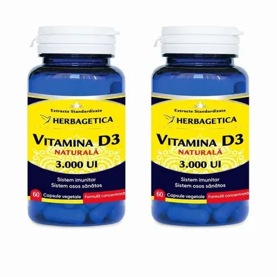 Pachet Vitamina D3 Naturală 3000 UI, 2 x 60 capsule vegetale, Herbagetica