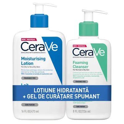 Pachet Lotiune hidratanta 473ml + Gel de curatare spumant pentru piele normala sau grasa 236ml, CeraVe