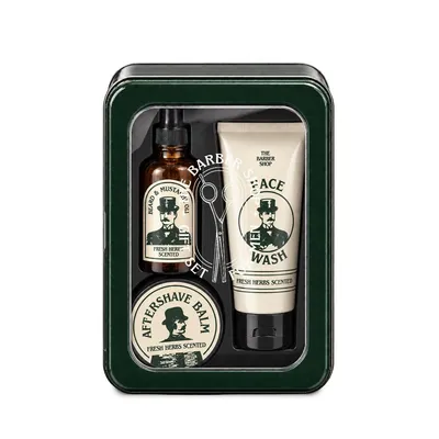 Set pentru barbati The Barber Shop cu Ulei de barba 50ml + Balsam dupa ras 80ml + Gel de curatare fata 100ml, Treffina