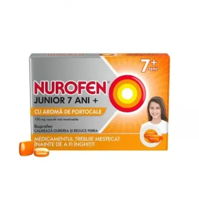 Nurofen Junior cu aroma de portocale 7+ ani, 100 mg, 12 capsule moi, Reckitt Benckiser