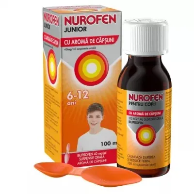 Nurofen Junior cu aroma de capsuni, 40 mg/ml suspensie orala, 6-12 ani, 100 ml, Nurofen
