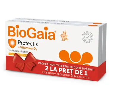 Pachet Protectis cu vitamina D3 800 UI portocale, 2 x 10 tablete masticabile, BioGaia