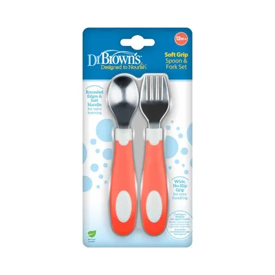 Set lingura si furculita Soft-Grip pentru +12 luni Rosu, 1 bucata, Dr. Brown's
