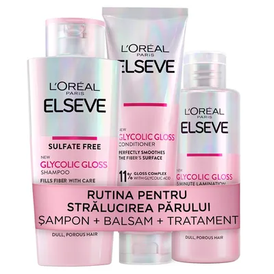 Pachet Glycolic Gloss Sampon, 200 ml + Balsam, 150 ml + Crema-tratament, 200 ml, Elseve