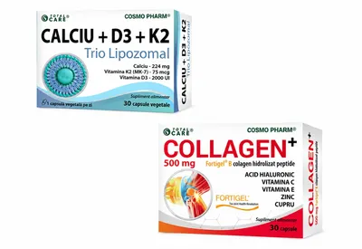 Collagen+ 500 mg, 30 Capsule Vegetale + Calciu + D3 + K2, 30 Capsule Vegetale, Cosmopharm