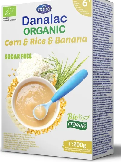 Mancare pentru bebelusi bio Cereale Orez Porumb Banana 4m+ fara zahar, 200g, Danalac