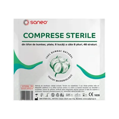 Comprese sterile pliate 8 cm x 10 cm, 8 pliuri, Saneo