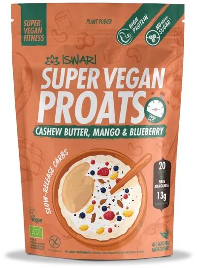 Proats Super Vegan bio cu unt de caju, mango si afine, 1200g, Iswari