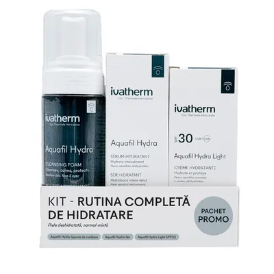 Kit Rutina completa de hidratare, Spuma Aquafil Hydra, 160 ml, Ser Aquafil Hydra, 30 ml, Crema cu SPF30 Aquafil Hydra Light, 50 ml,, Ivatherm